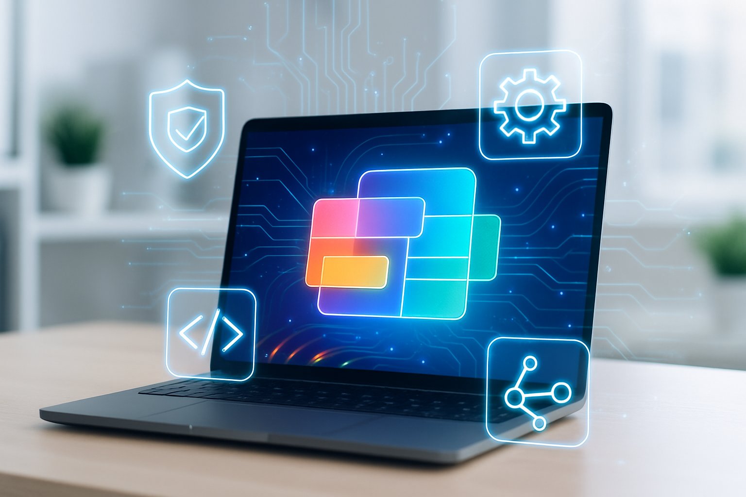 A laptop on a desk showing a colorful digital interface with floating icons representing software components and functionalities in a modern office setting.