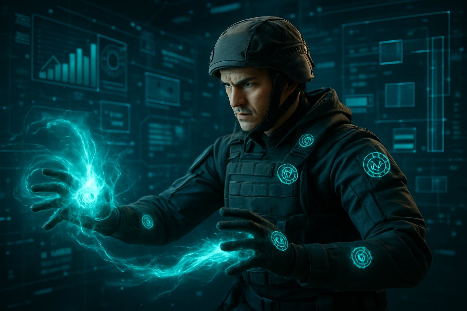 A focused scout wearing tactical gear surrounded by glowing energy and holographic digital interfaces in a futuristic environment.