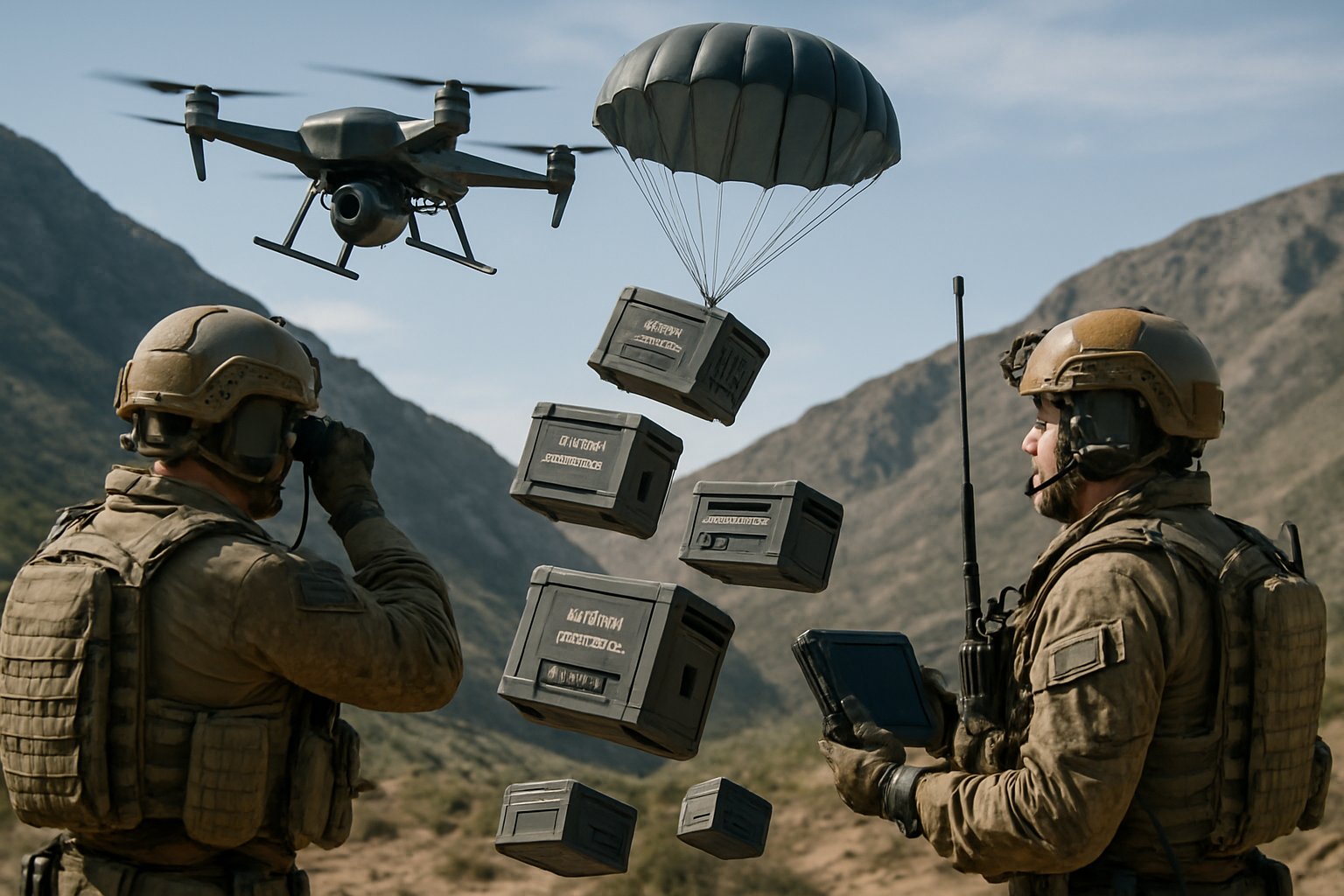 Soldiers in tactical gear observe a drone airdropping small surveillance devices over mountainous terrain.