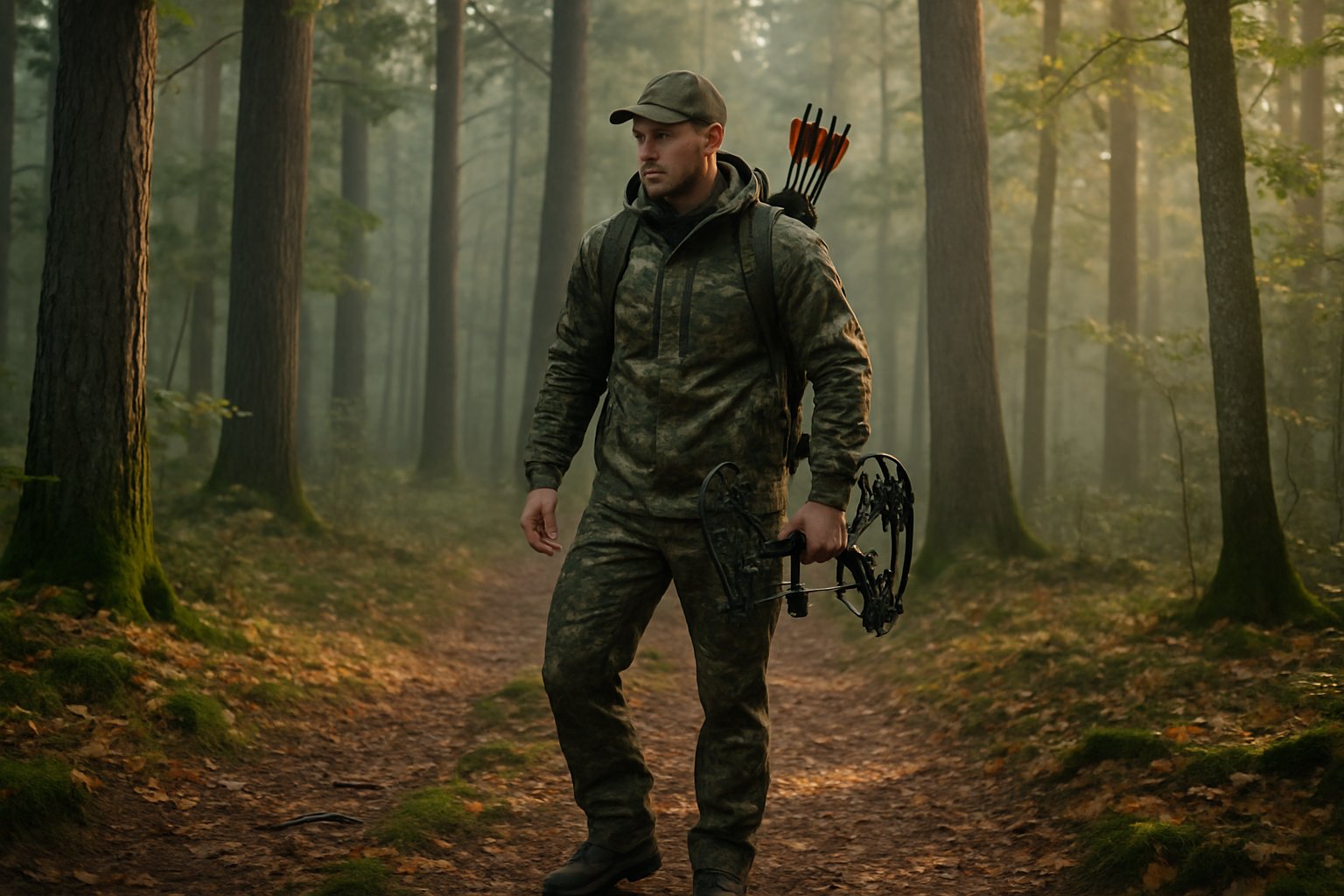 A man in camouflage gear holding a bow stands alert in a misty forest surrounded by tall trees and soft sunlight.