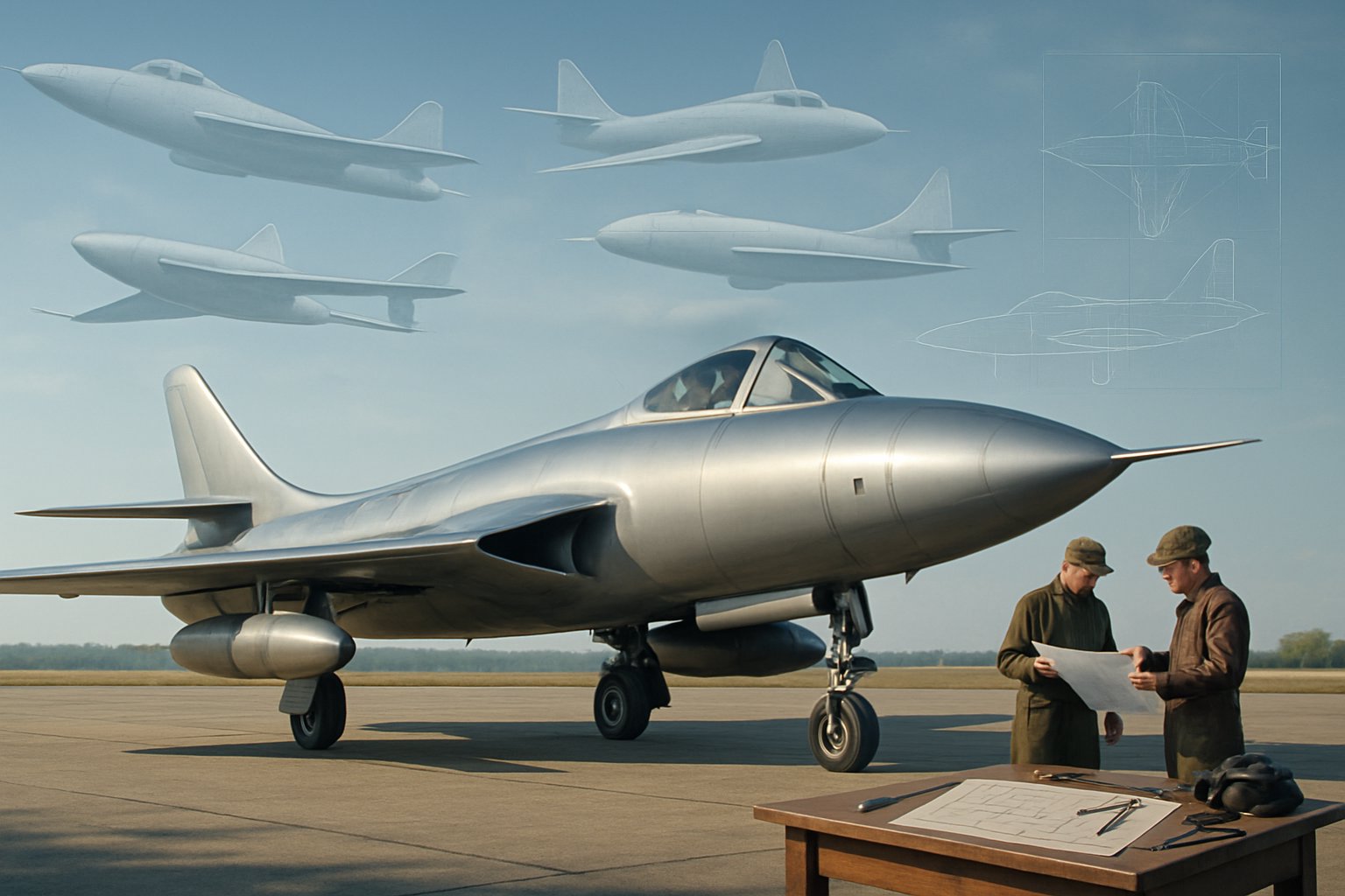 A vintage military fighter jet on a runway with engineers examining blueprints nearby and faded images of earlier aircraft designs in the background.
