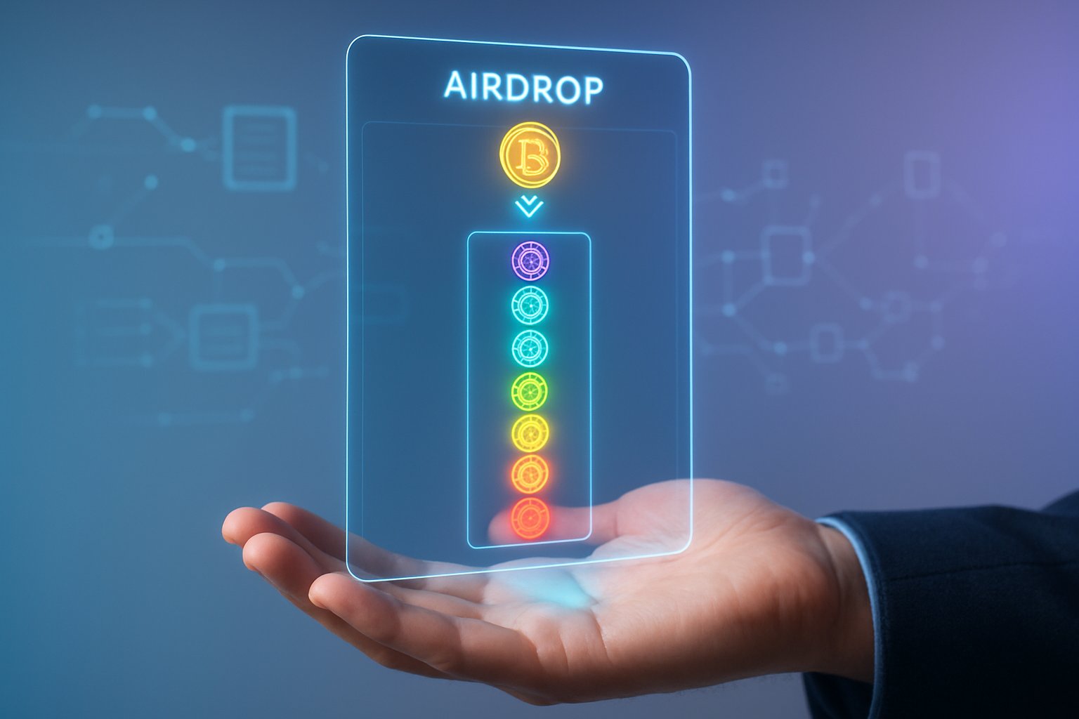 A hand holding a glowing holographic display with colorful chakra icons and digital blockchain elements floating above it.