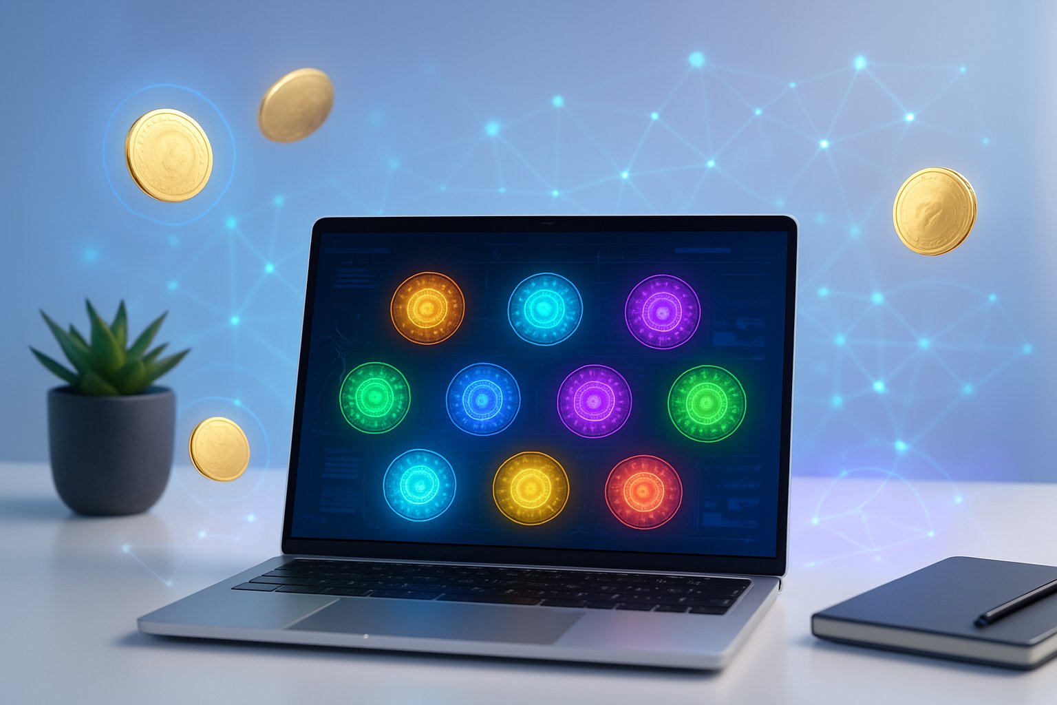 A laptop on a desk showing colorful digital icons and floating coins representing cryptocurrency and blockchain technology.