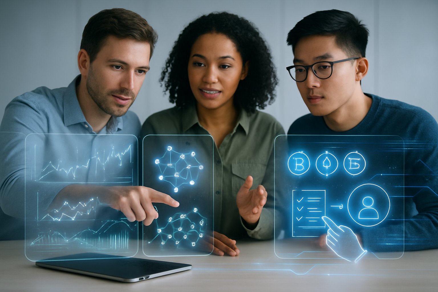 A group of professionals discussing digital blockchain interfaces with floating charts and crypto tokens in a modern workspace.