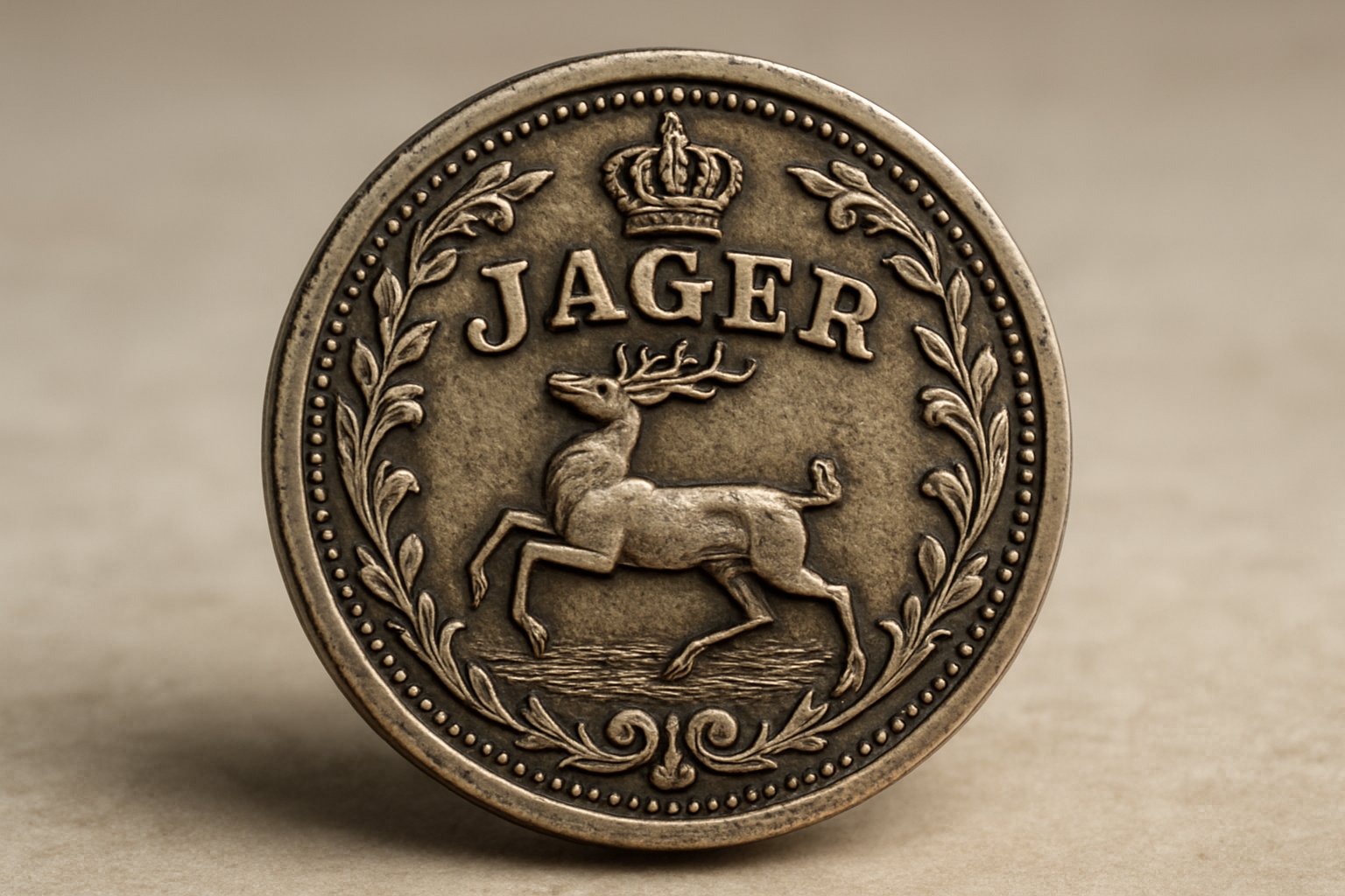 Close-up of a metallic Jager token with detailed engravings on a neutral surface.