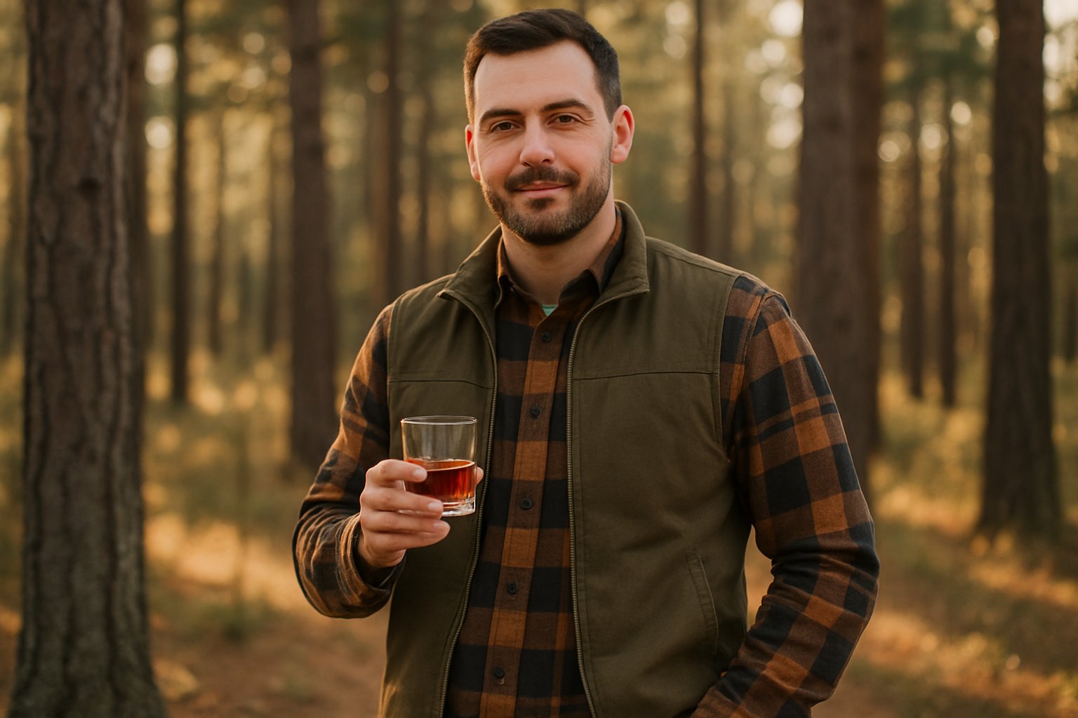 A man holding a glass of amber-colored liquor standing in a forest with trees and sunlight.