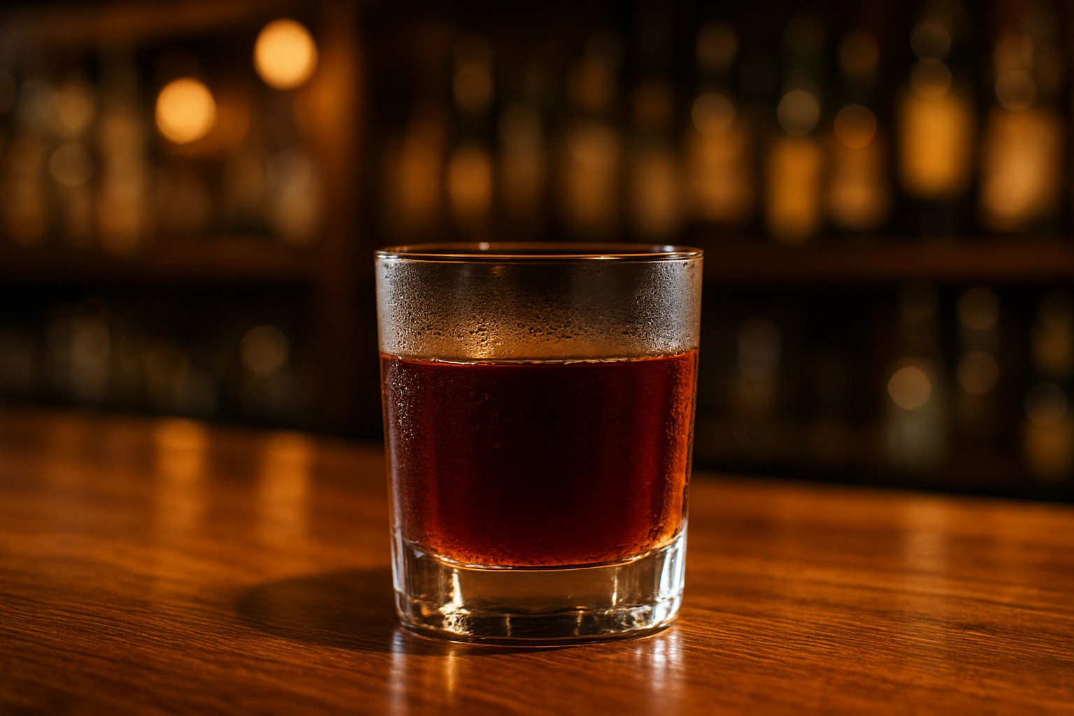 A glass of amber-colored drink on a wooden bar counter with a blurred bar background.
