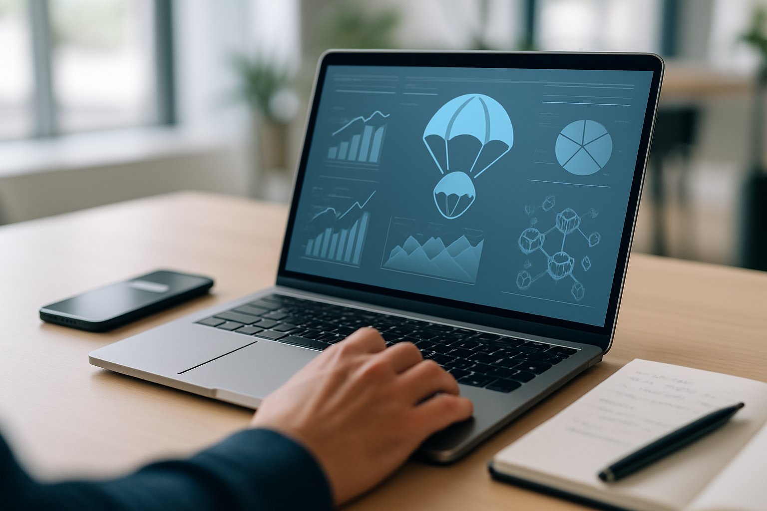 A person’s hand interacting with a laptop displaying digital charts and blockchain icons on a clean desk in a bright modern office.