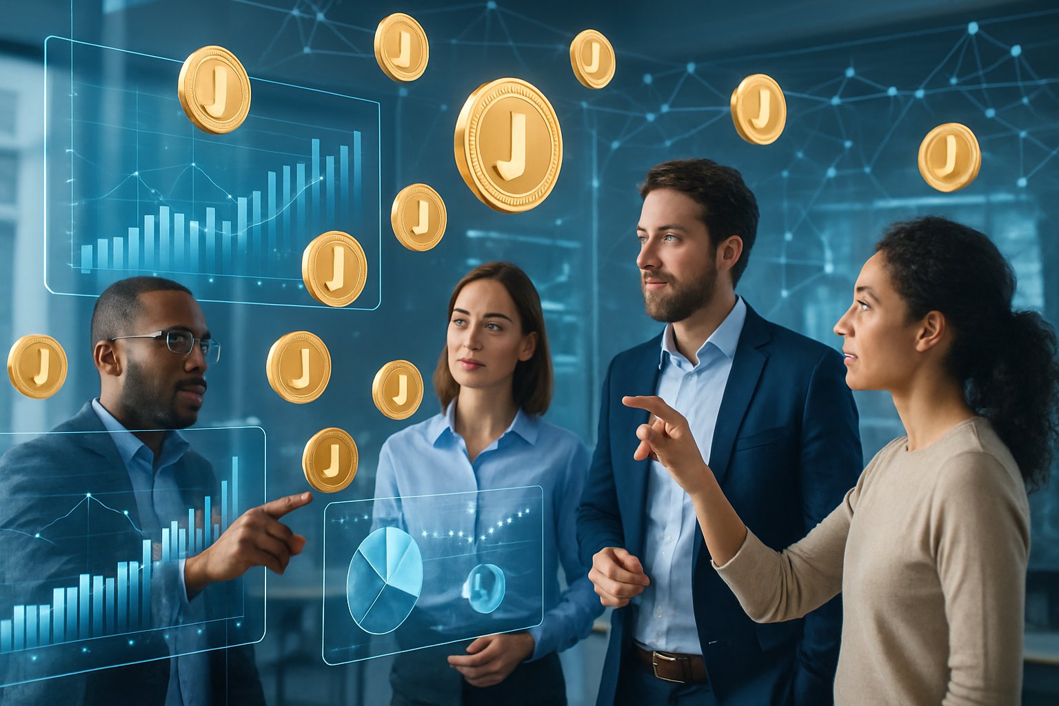 A group of professionals interacting with floating digital cryptocurrency tokens and holographic financial charts in a modern workspace.