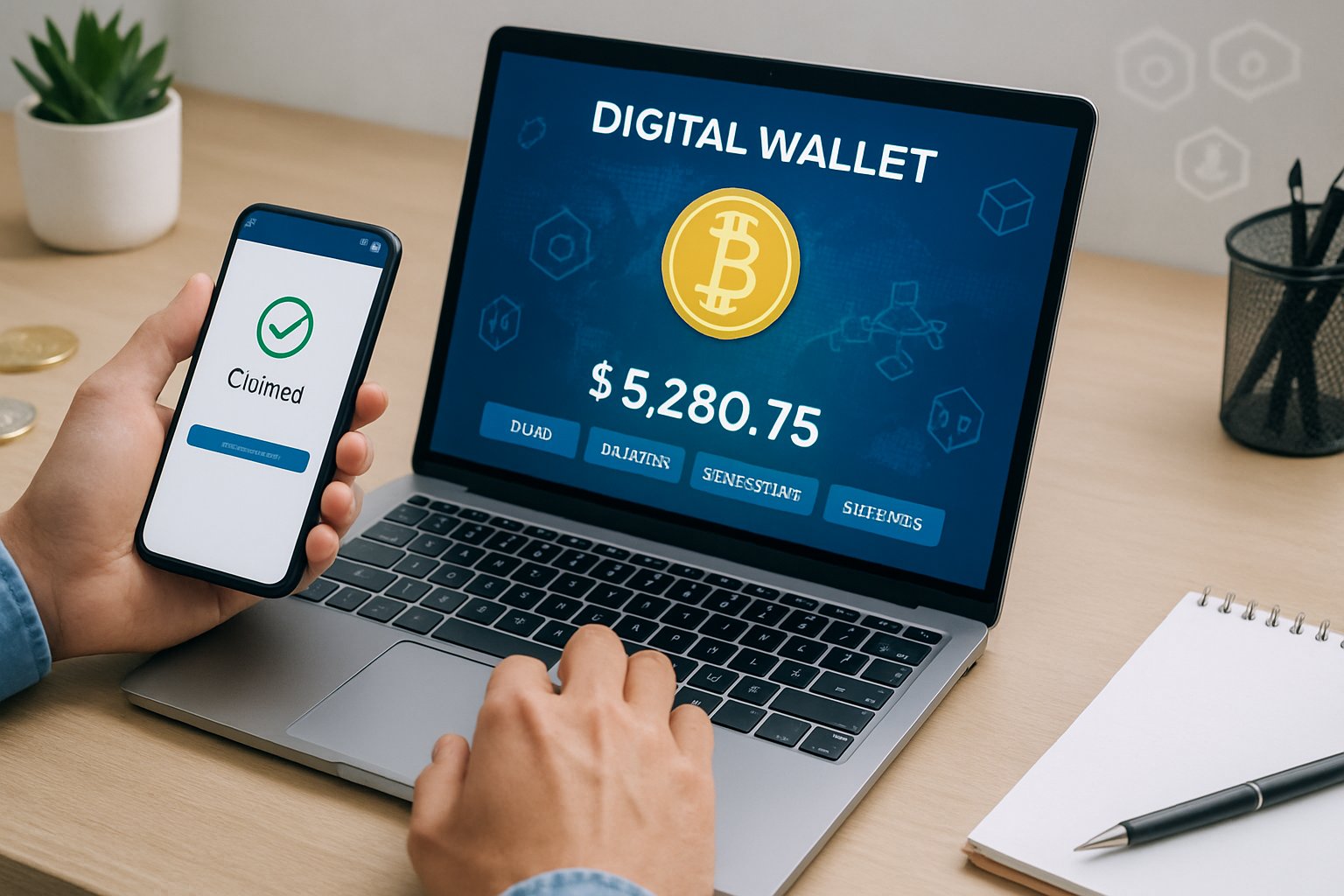 Person using a laptop and smartphone at a desk, interacting with cryptocurrency wallet and transaction screens.