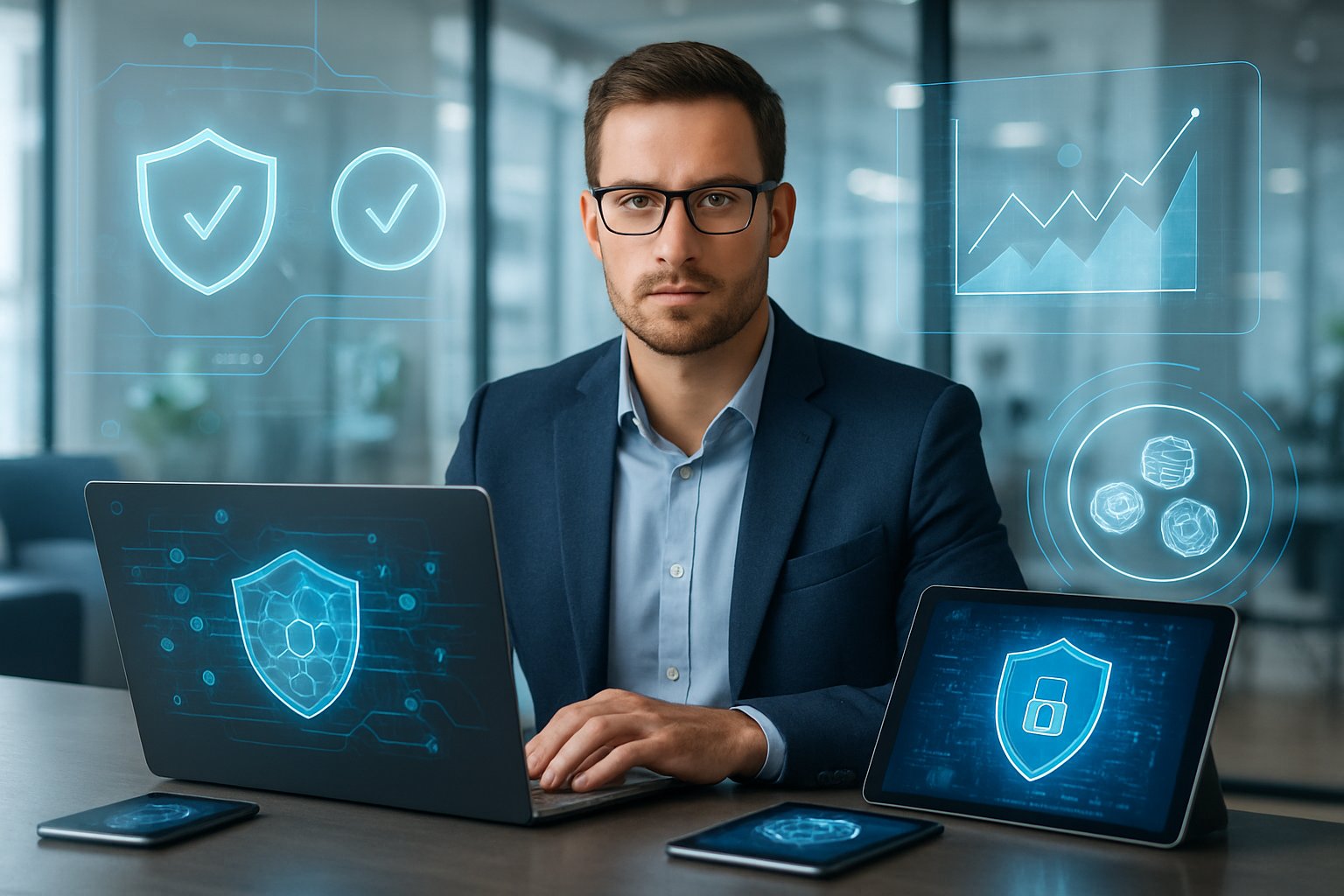 A business professional working at a desk with digital devices showing security and compliance icons related to blockchain and digital asset management.