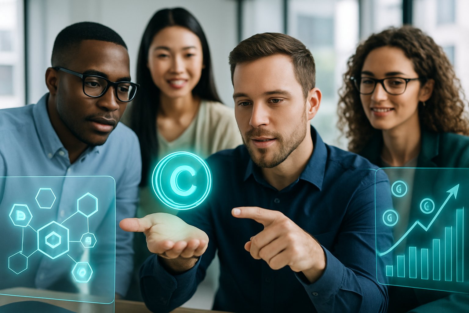 A group of young professionals working together around digital screens displaying cryptocurrency graphics in a bright office.