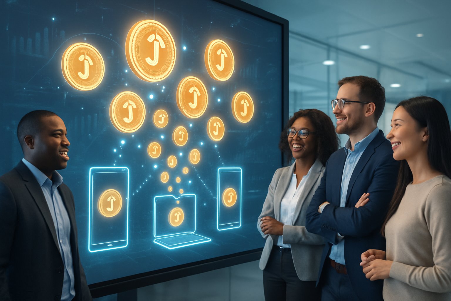 A group of professionals interacting with digital devices showing floating cryptocurrency tokens in a modern office setting.