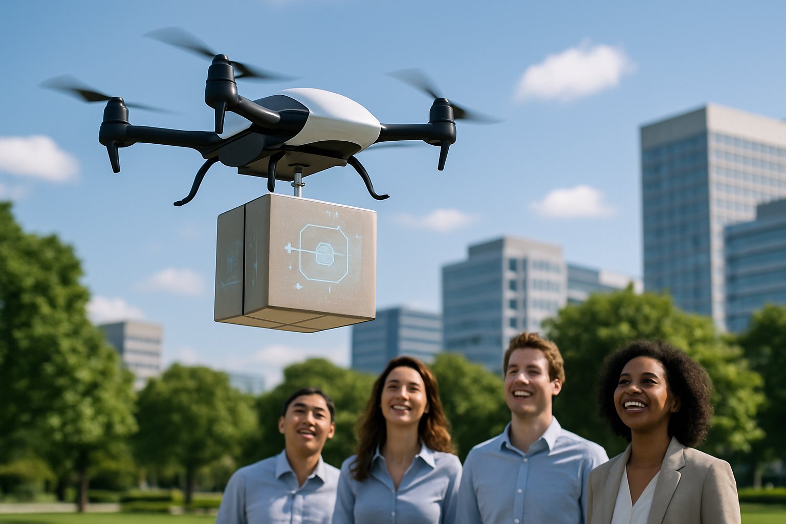 A drone carrying a package flies above a group of people in a city park, who look up at it with interest.