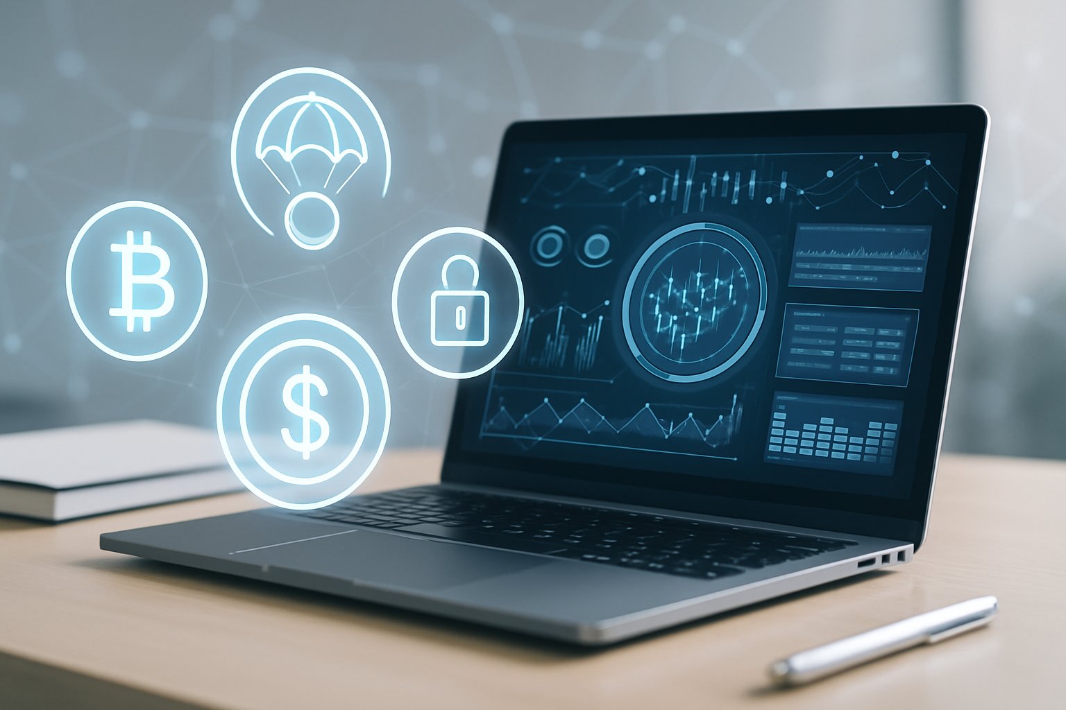 A laptop on a desk showing a digital cryptocurrency dashboard with floating token icons and abstract blockchain network graphics in the background.