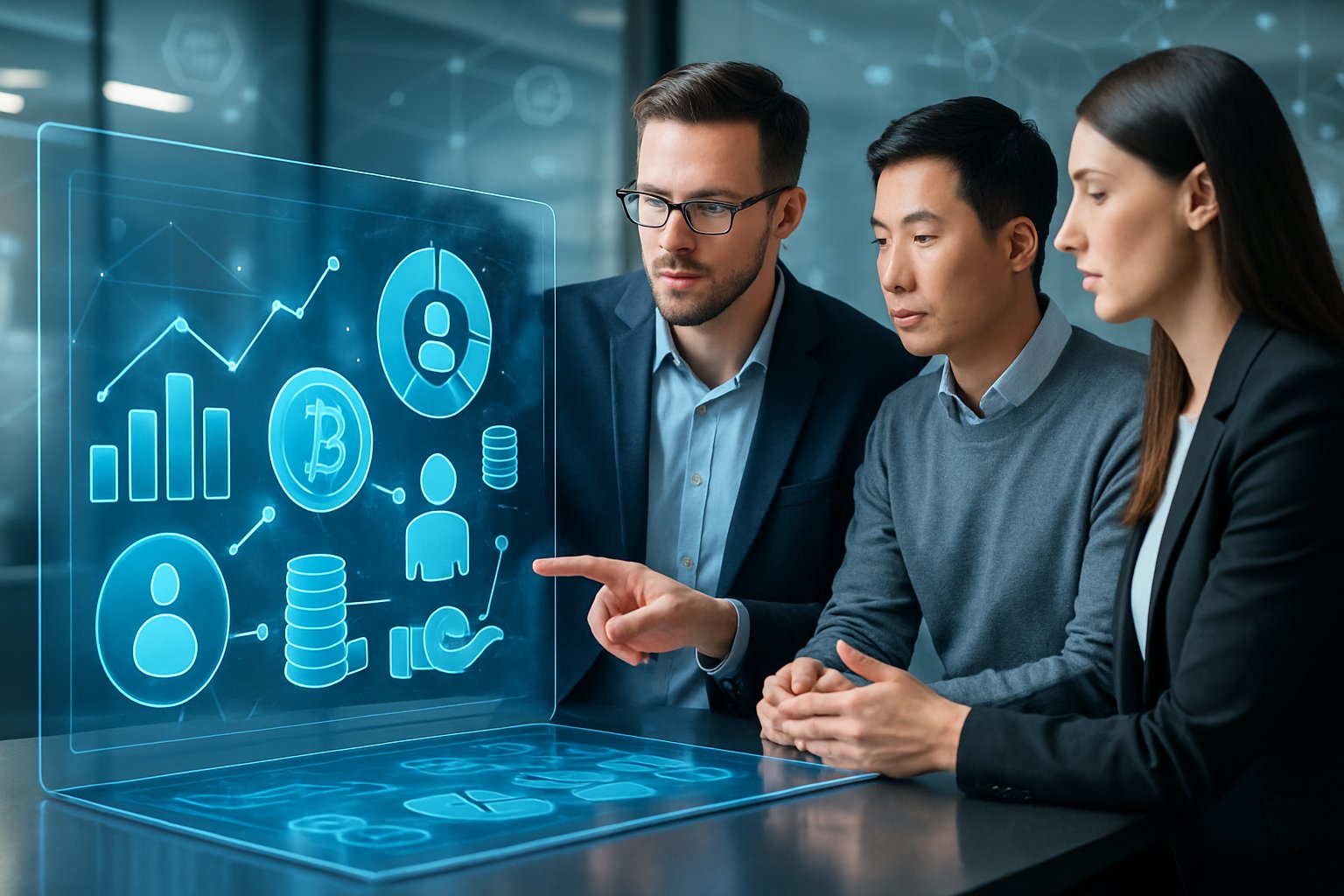 A group of professionals discussing digital finance data on a transparent touchscreen in a modern office.