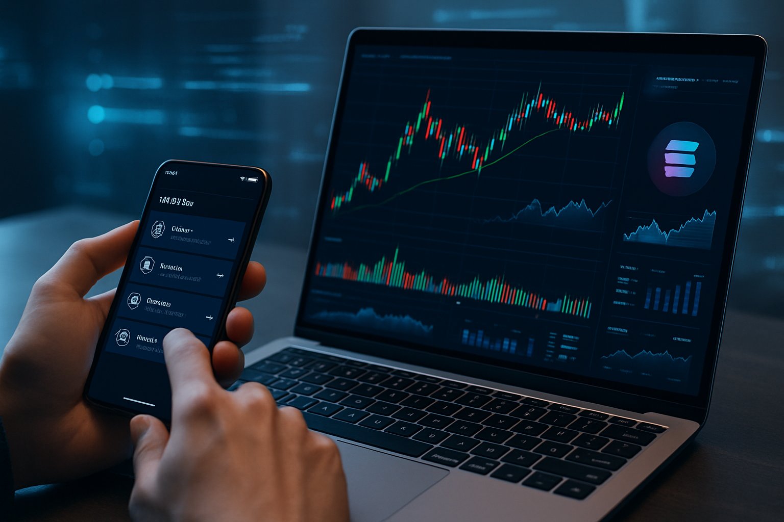 A person working at a desk with a laptop and smartphone displaying digital charts and notifications related to cryptocurrency airdrops.