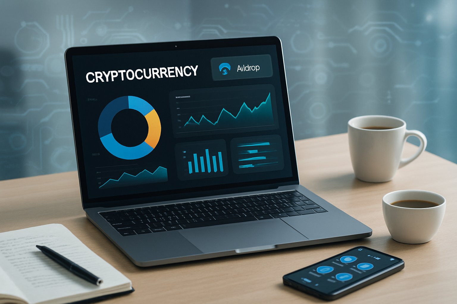 A modern workspace with a laptop displaying digital cryptocurrency charts and notifications, a smartphone, notebook, and coffee cup on a clean desk.