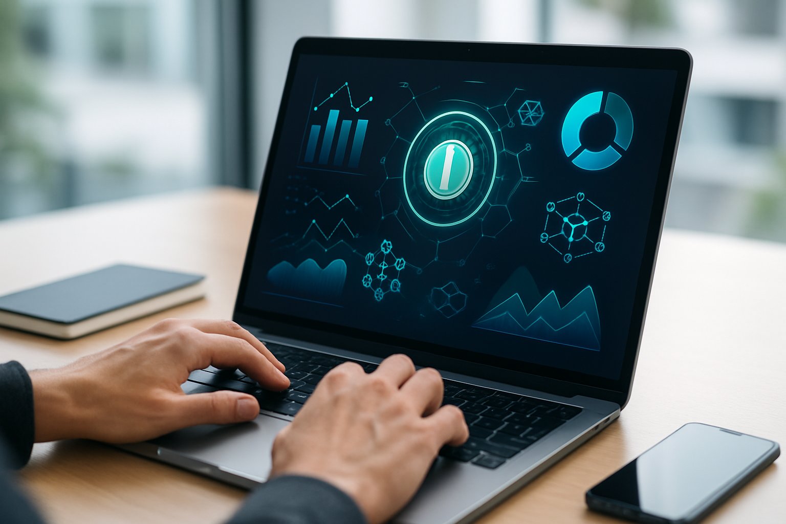A person using a laptop with a futuristic cryptocurrency dashboard on the screen in a bright office setting.