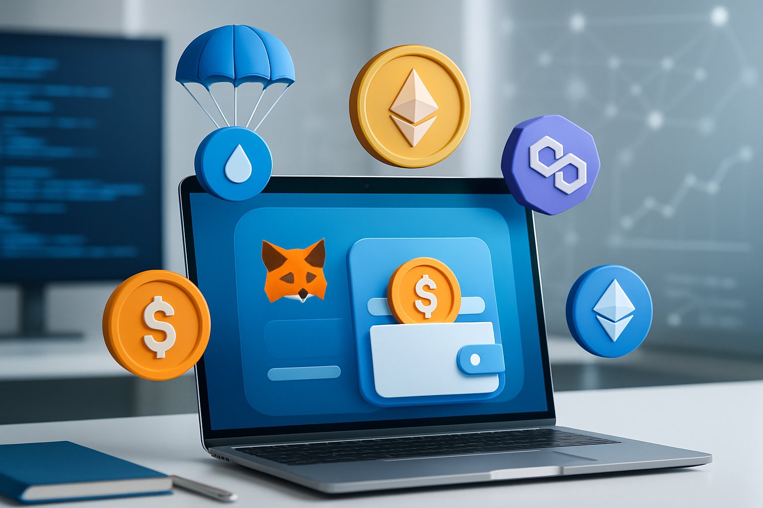A laptop on a desk showing a digital wallet interface with cryptocurrency icons floating around, symbolizing a blockchain airdrop event.