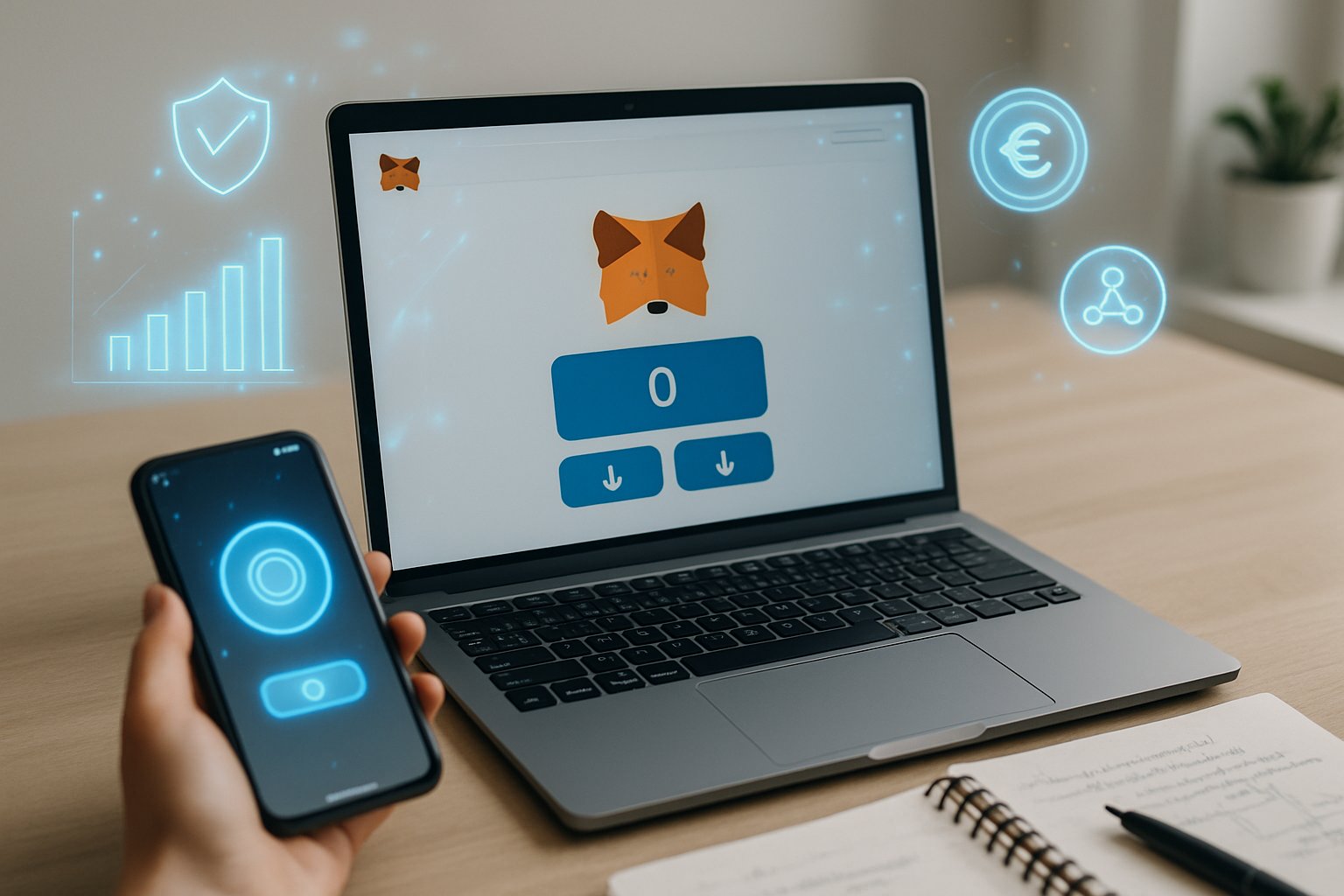 A modern workspace with a laptop showing a digital wallet interface, a smartphone with a token notification, and a notepad with blockchain notes on a clean desk.