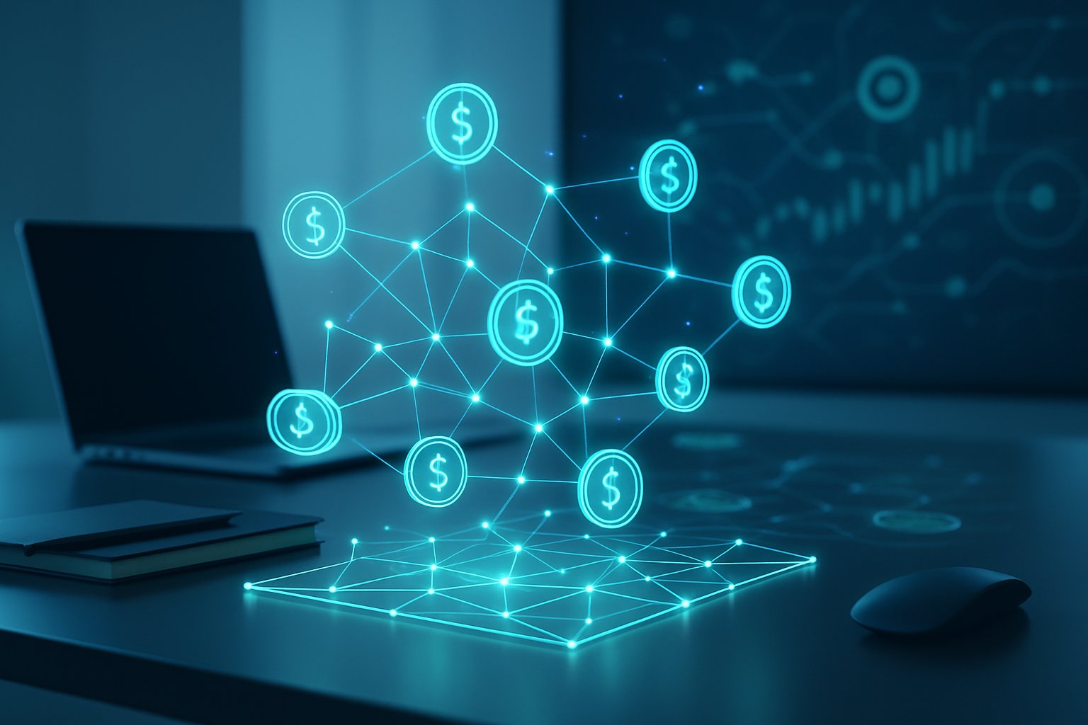 A modern workspace showing a holographic digital interface with floating tokens and interconnected nodes representing a digital finance concept.