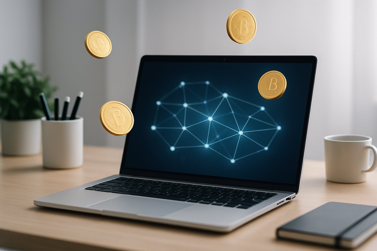 A laptop on a clean desk showing a digital blockchain interface with floating digital coins descending around it.