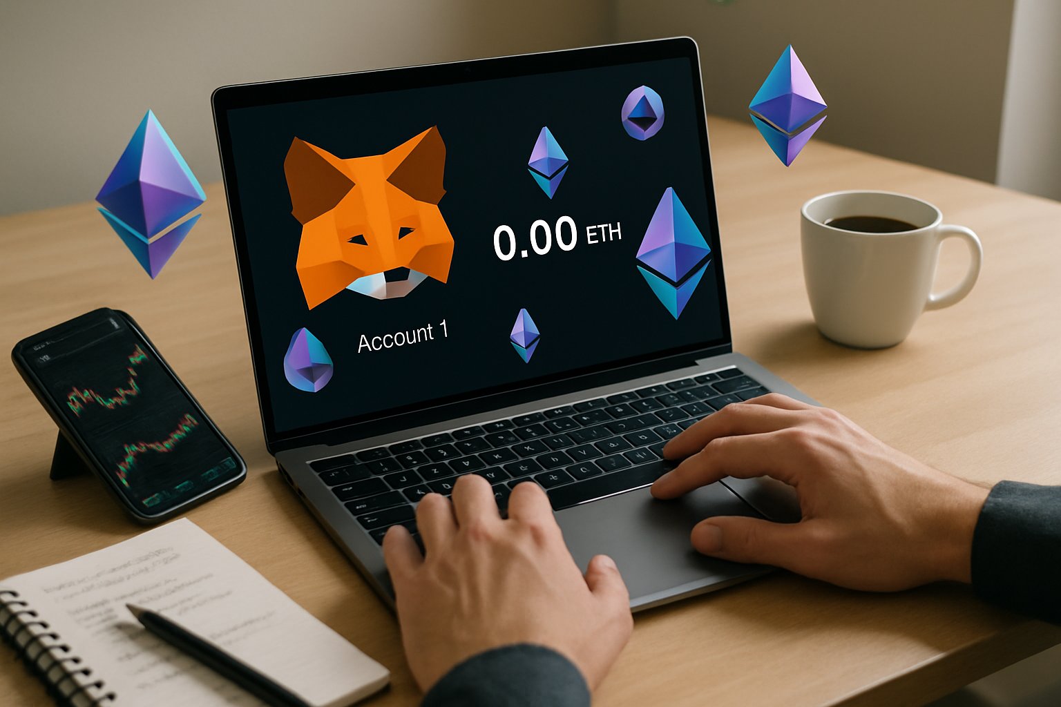A person using a laptop with a digital wallet interface on the screen, surrounded by cryptocurrency tokens and a smartphone on a desk.