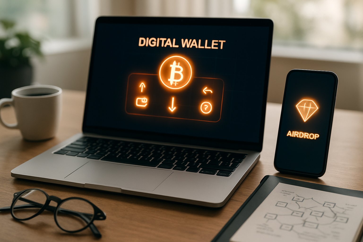 A laptop and smartphone on a desk showing cryptocurrency wallet interfaces, surrounded by office items like a coffee cup and notebook.