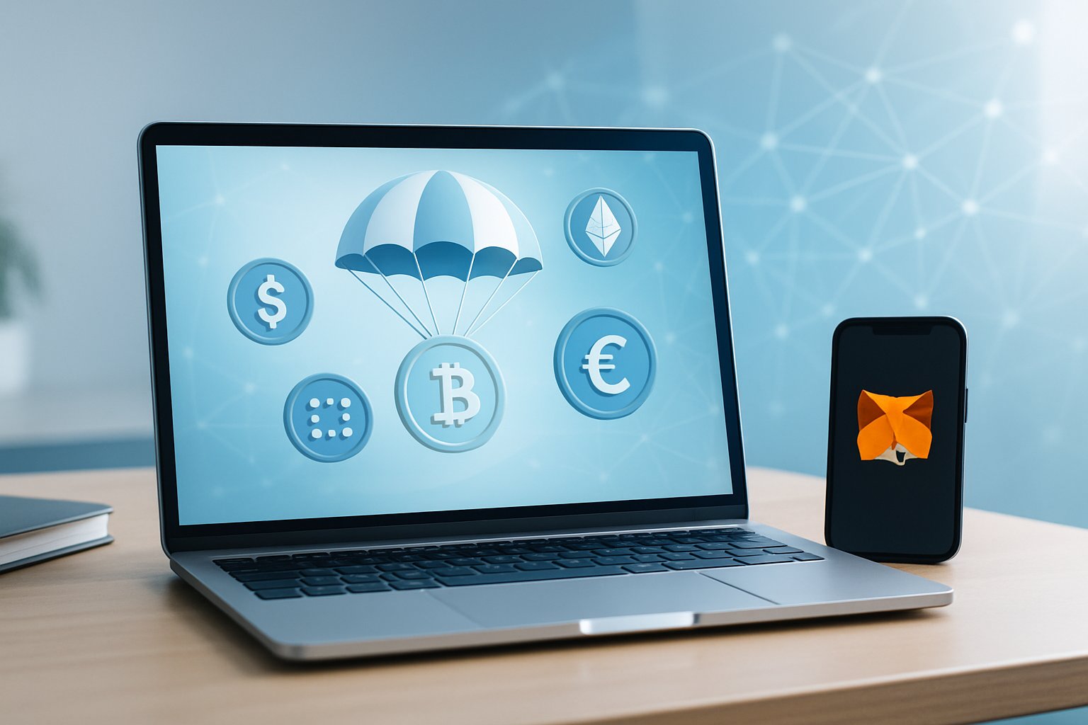 A modern workspace with a laptop and smartphone showing cryptocurrency symbols and the MetaMask logo, surrounded by digital blockchain graphics.
