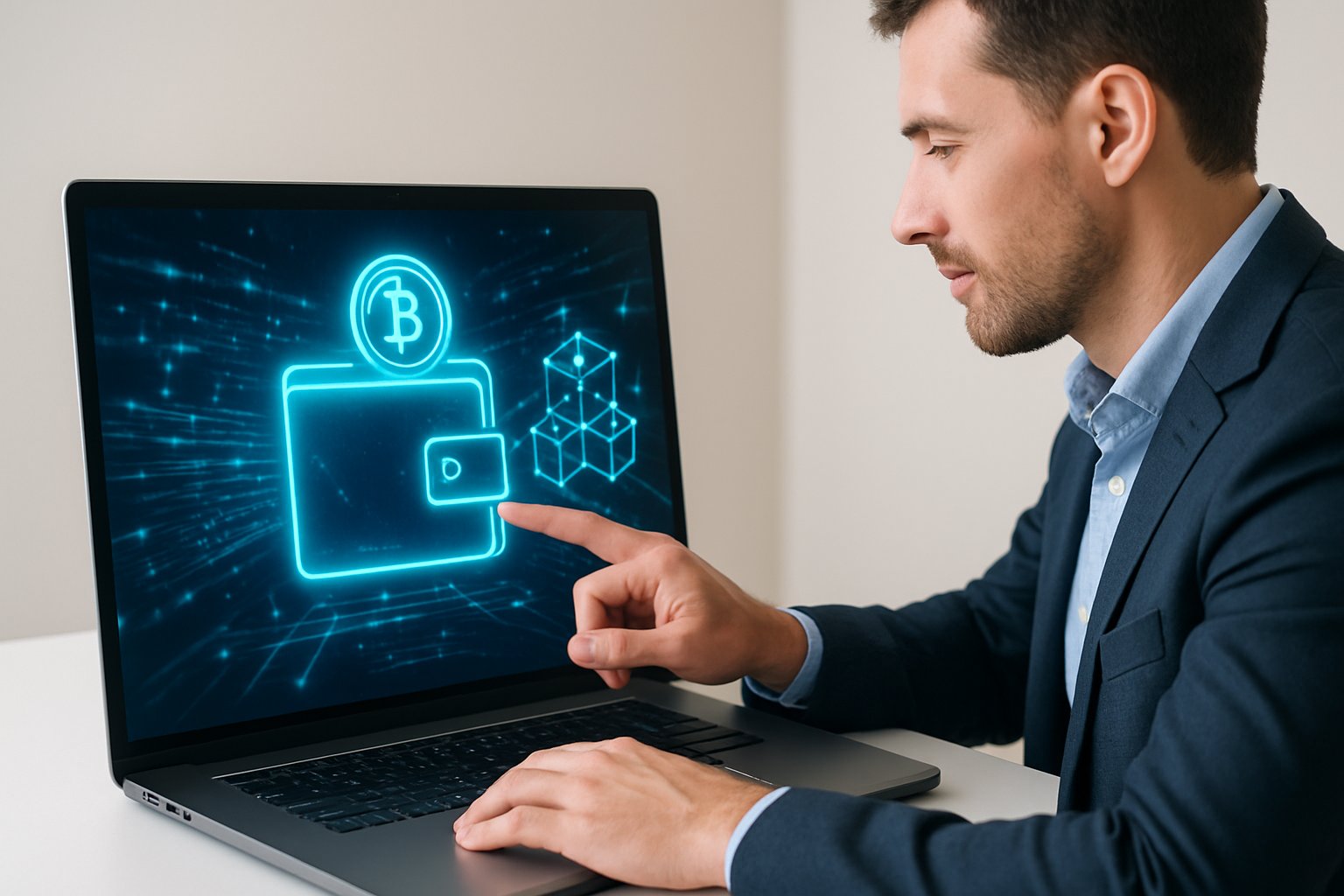 A person using a computer showing digital wallet and blockchain graphics representing cryptocurrency transactions.