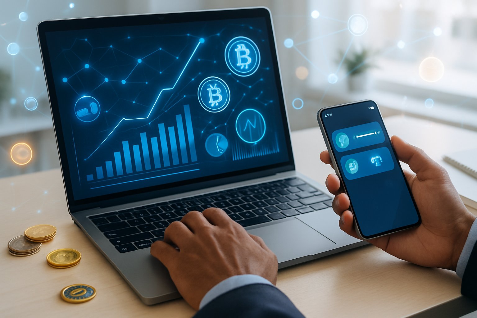 A person using a laptop and smartphone showing digital financial dashboards with cryptocurrency icons and notifications in a modern workspace.