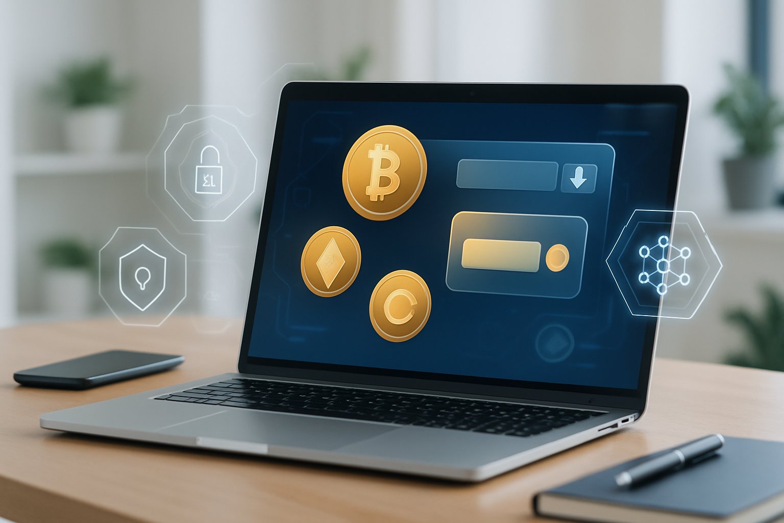 A laptop on a desk showing a digital wallet interface with cryptocurrency icons and holographic overlays in a modern office setting.