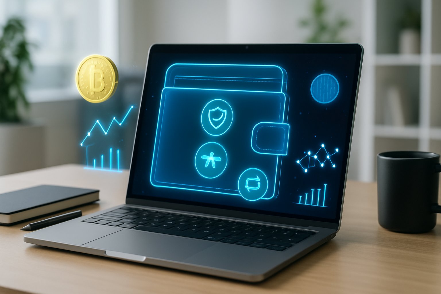 A laptop on a desk showing a futuristic digital wallet interface with floating holographic cryptocurrency icons in a modern office setting.