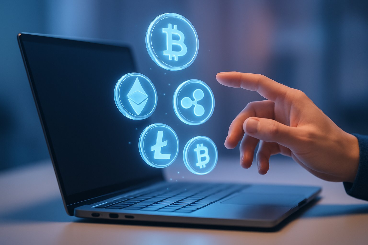 A laptop on a desk with floating cryptocurrency icons above the keyboard and a hand reaching towards them.