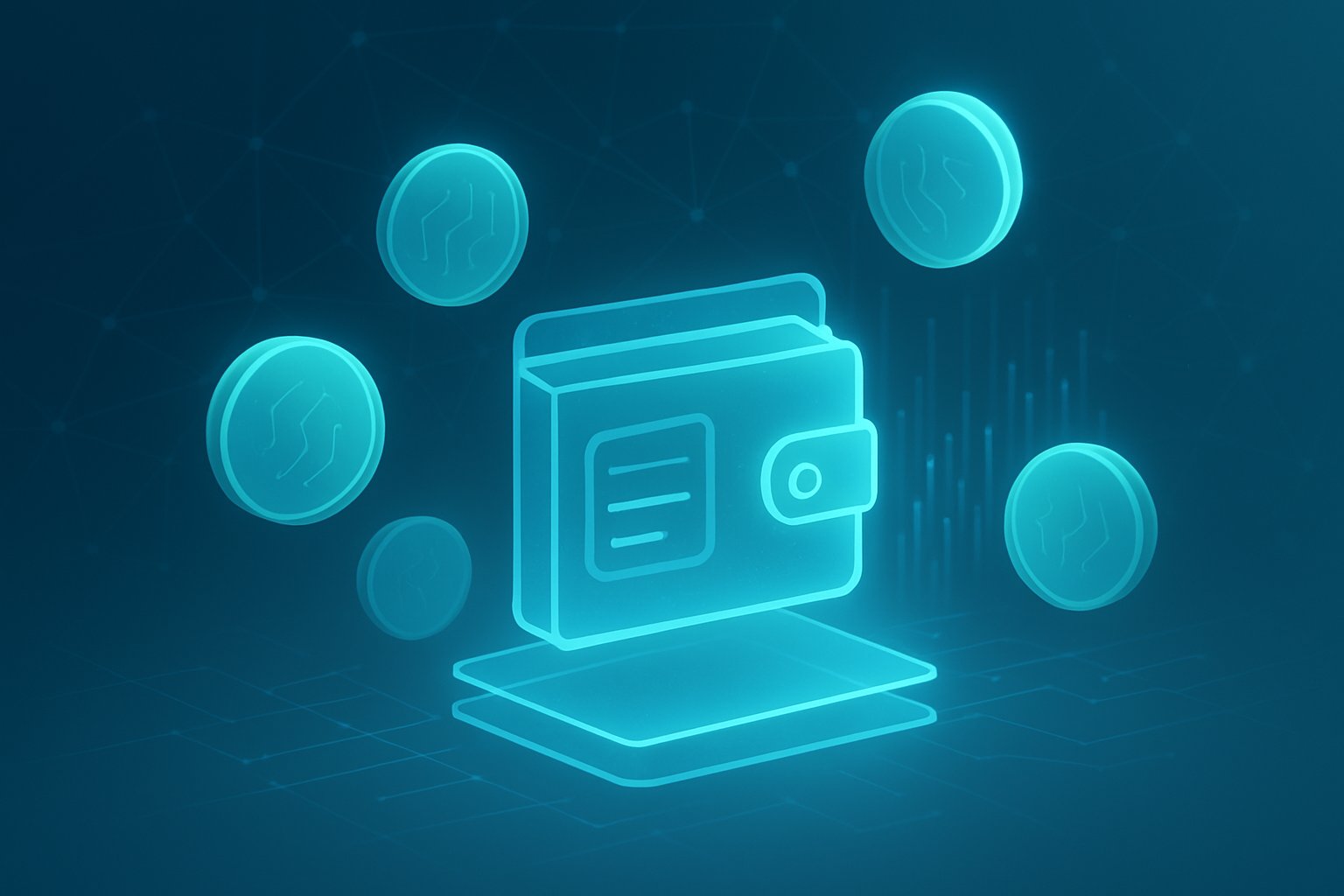 A digital interface showing a holographic wallet and floating cryptocurrency tokens surrounded by a network of connected nodes.