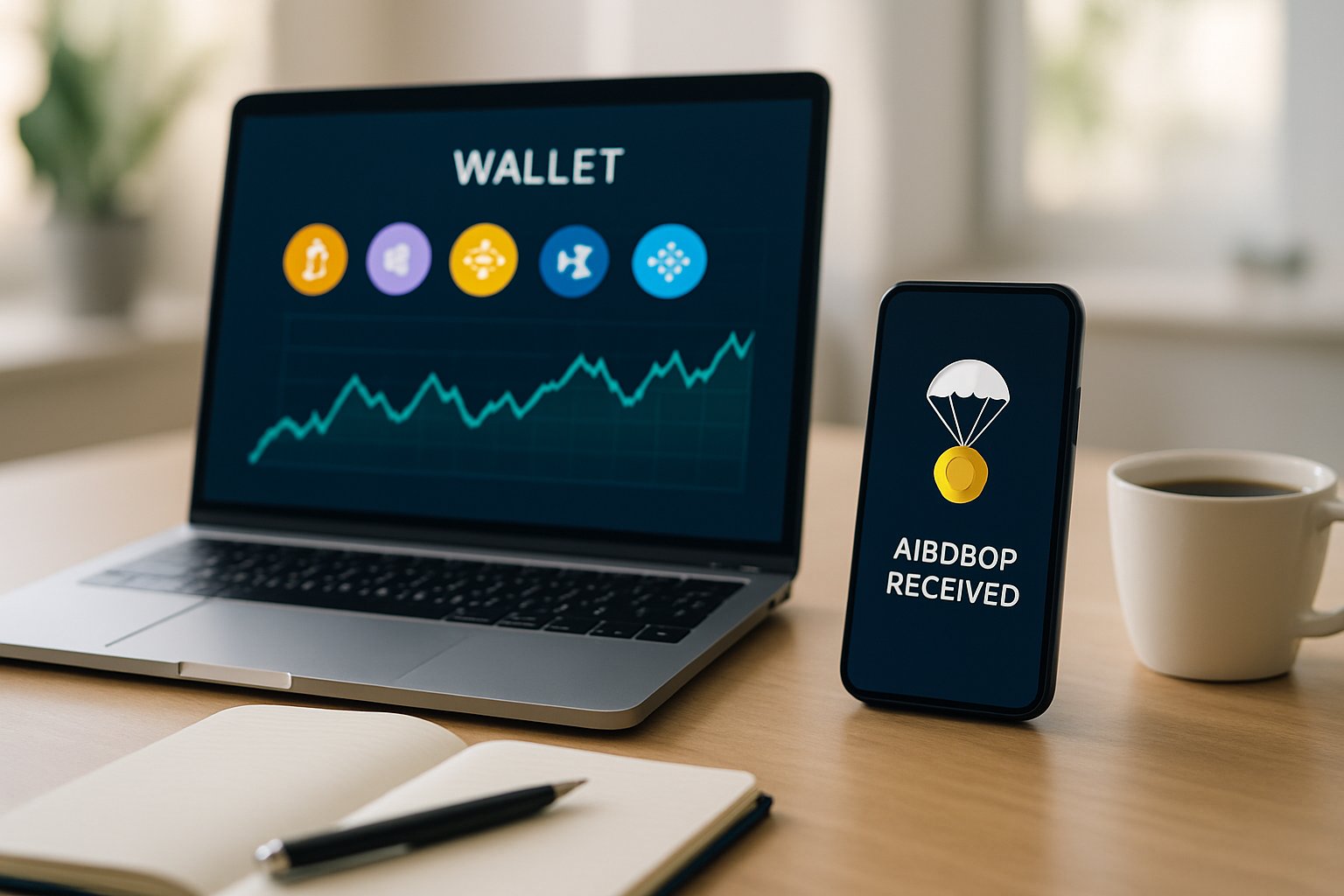A person’s workspace with a laptop showing a cryptocurrency wallet and a smartphone displaying a crypto airdrop notification on a desk with a notebook and coffee.