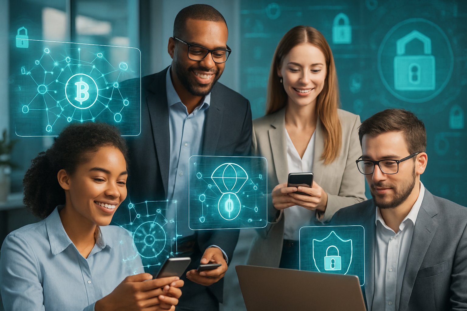 People using digital devices with holographic crypto and security icons in a modern office setting.
