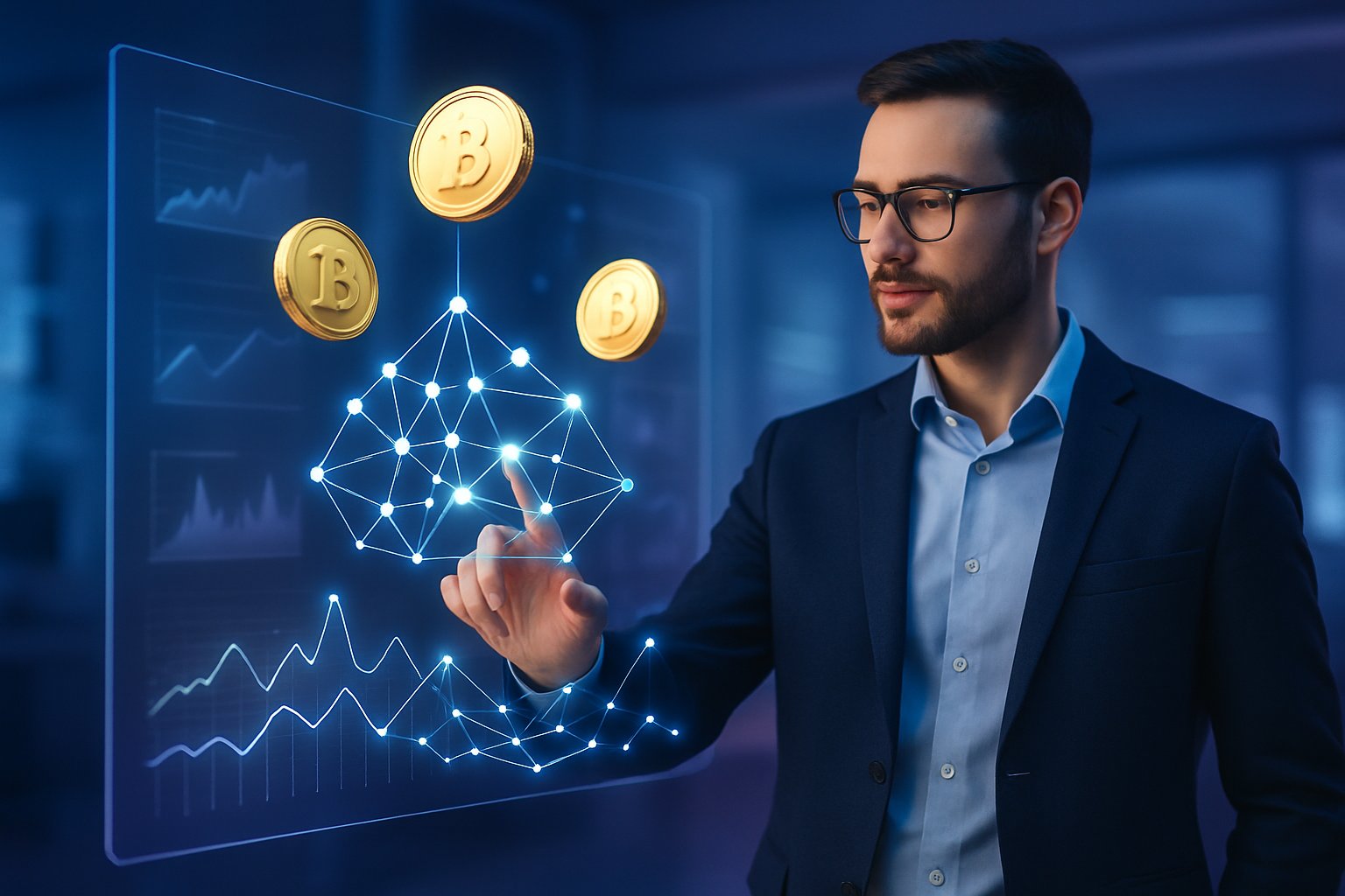 A business professional interacting with holographic digital screens showing blockchain and cryptocurrency icons in a futuristic workspace.