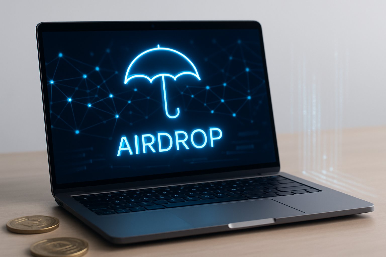 A laptop showing a futuristic blockchain interface with digital coins and network connections on a clean desk.