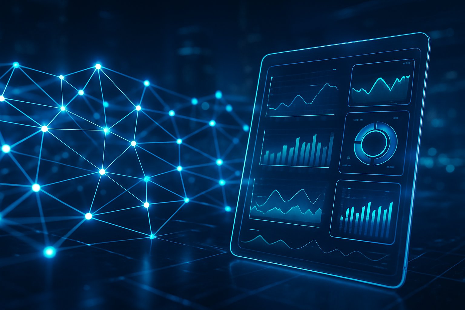 A digital network of interconnected nodes and lines representing blockchain technology with a transparent touchscreen interface displaying data charts in front of a cityscape.
