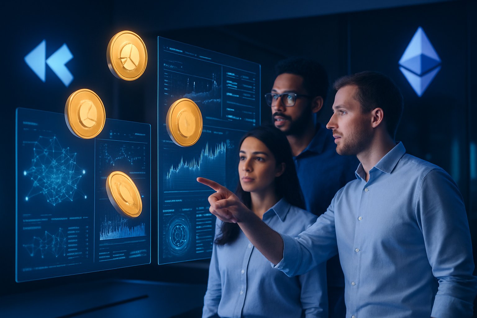 A group of professionals analyzing futuristic digital screens showing cryptocurrency data in a modern workspace.