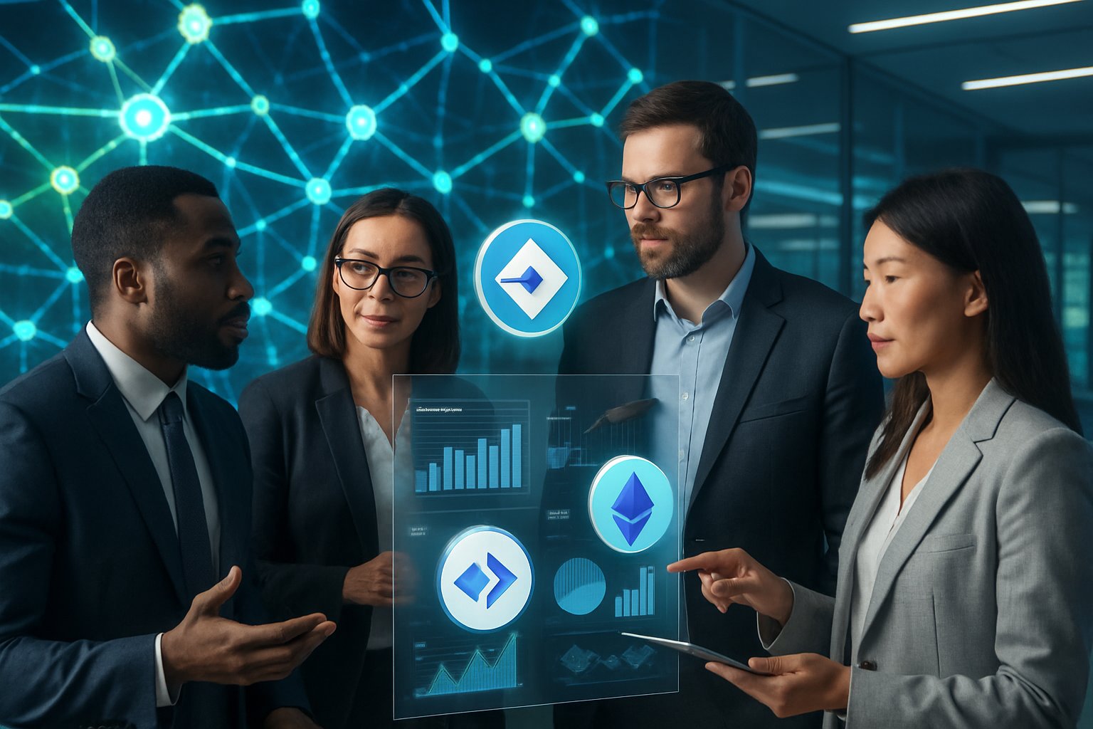 A group of professionals discussing data in a modern office with digital blockchain network visuals and a calendar highlighting a date in the background.