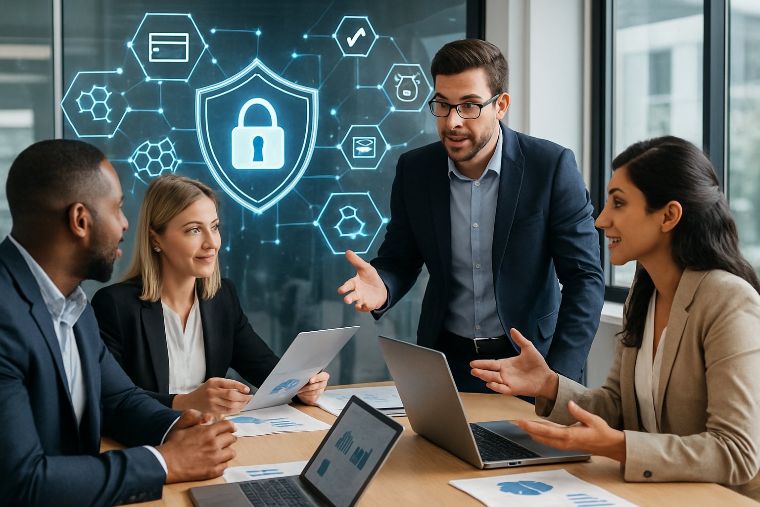 A group of professionals collaborating around a conference table with laptops and digital devices, discussing cybersecurity and blockchain project details in a modern office.
