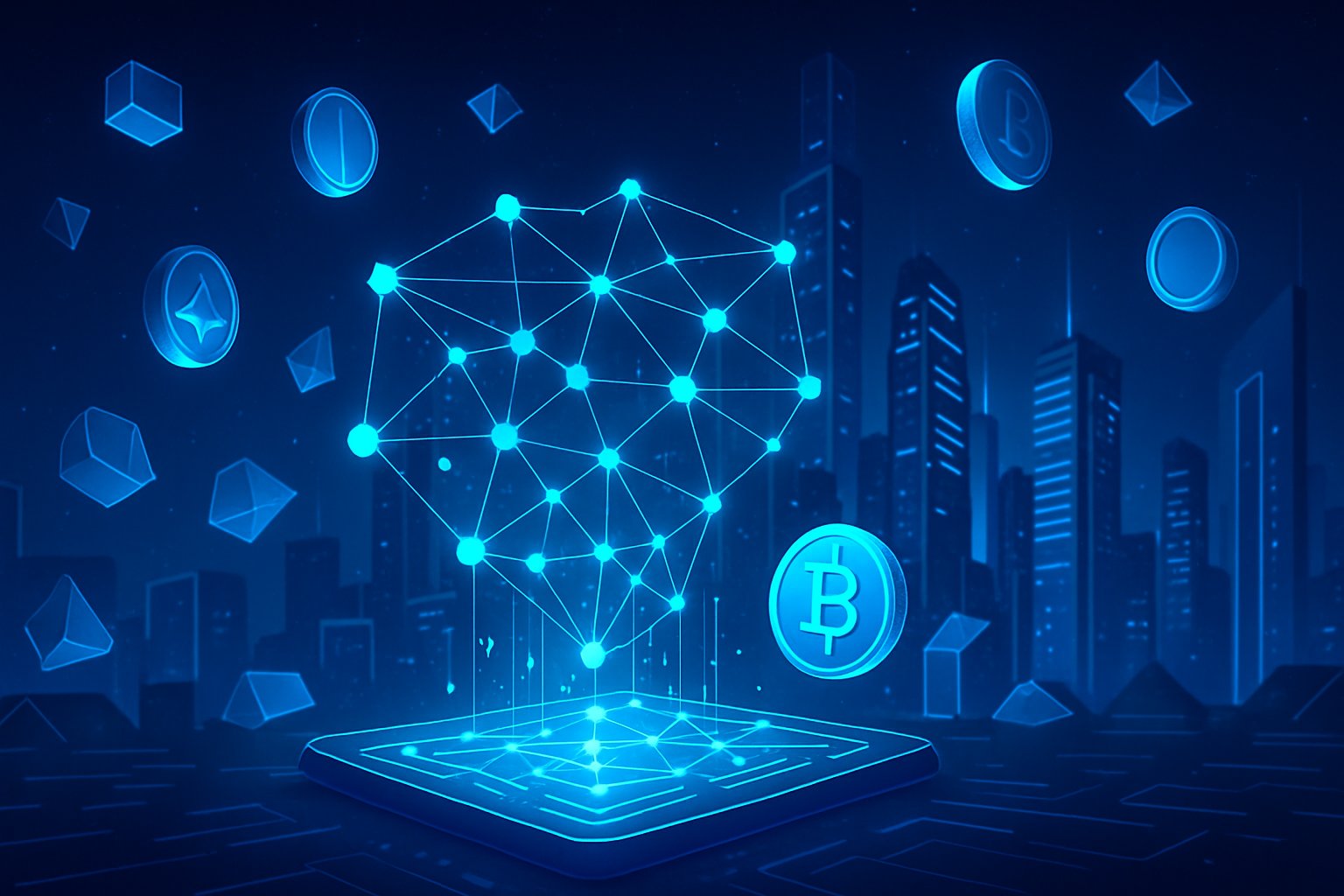 A futuristic cityscape with glowing digital networks and floating coins representing a blockchain airdrop event.