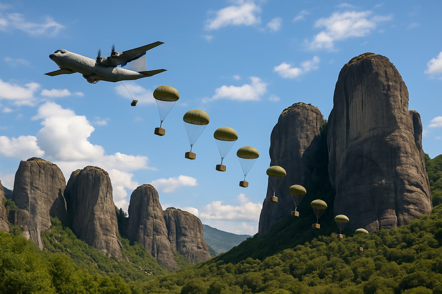 A military aircraft dropping parachutes with supply crates over tall rock formations surrounded by green forests.