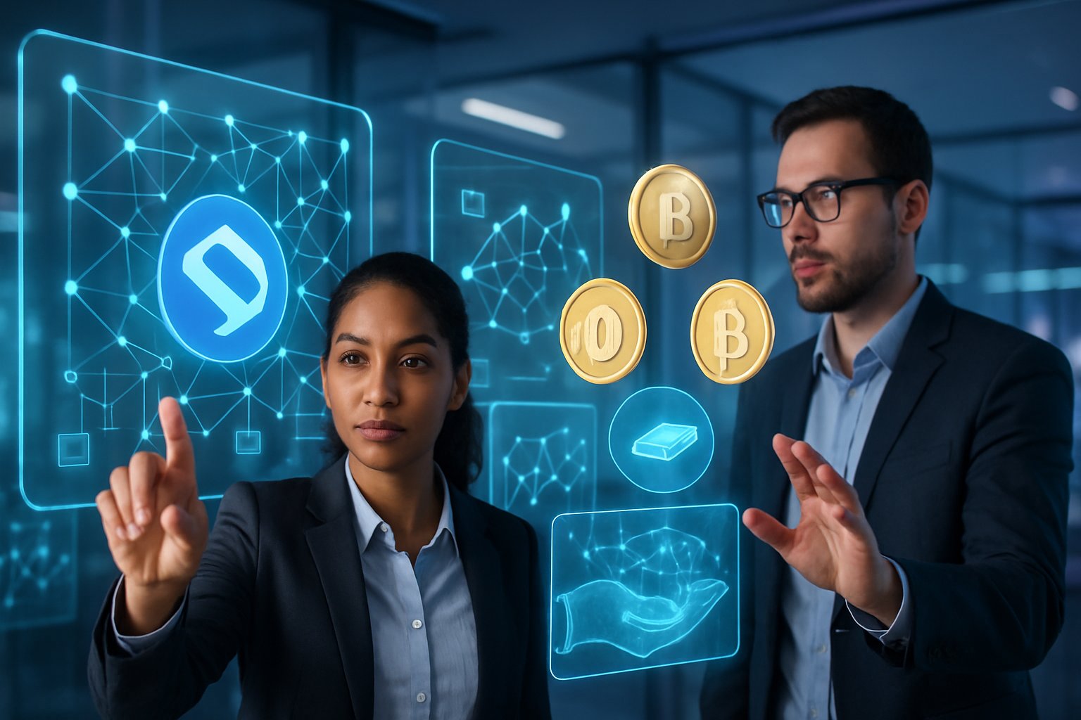 People interacting with holographic blockchain and cryptocurrency visuals in a modern office setting.