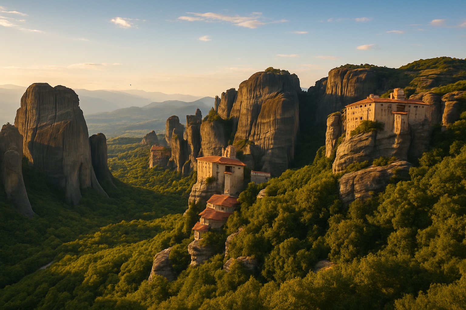 Aerial view of tall sandstone rock formations with monasteries on top, surrounded by green vegetation under a clear blue sky.