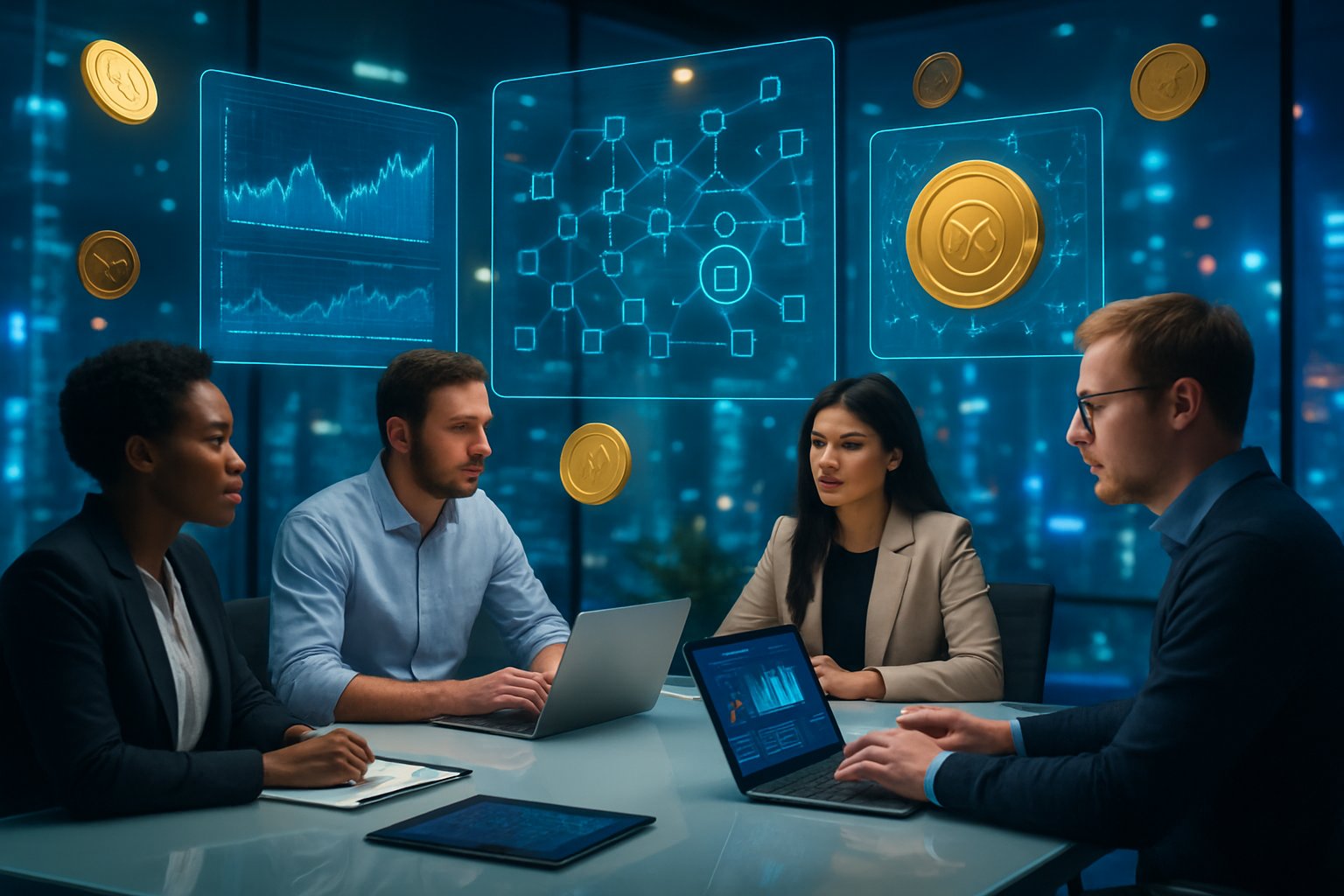 A group of professionals collaborating around a table with digital holographic screens showing graphs and blockchain tokens in a modern office setting.