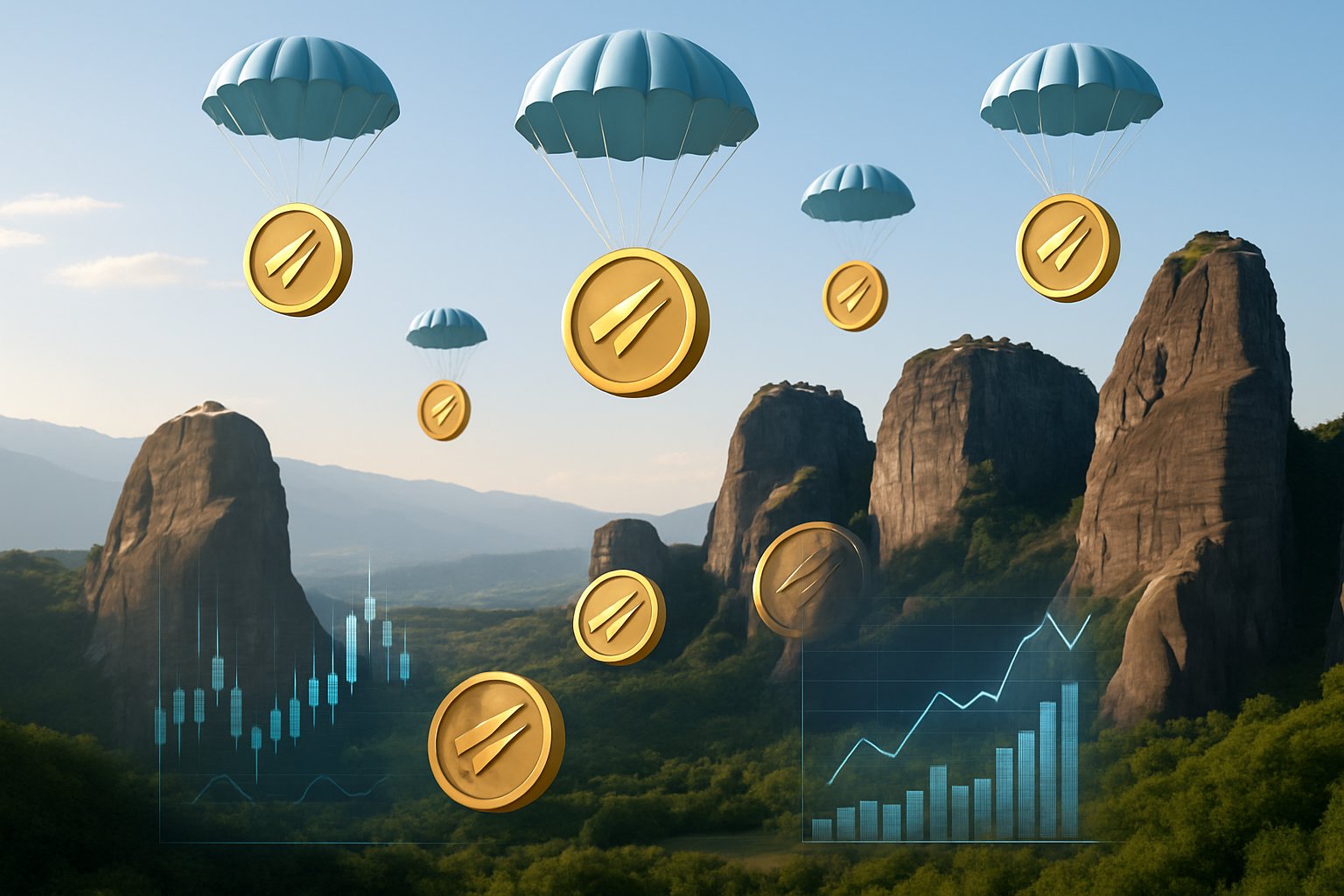 Floating cryptocurrency tokens descending near tall rock formations under a clear sky with digital price charts hovering nearby.